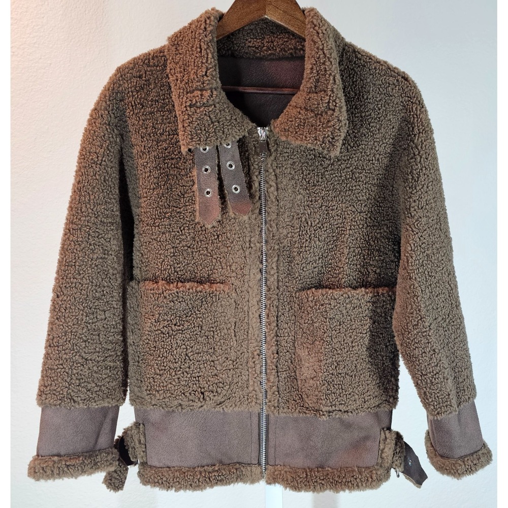 Jules Kae Kylie Sherpa Moto Jacket Aviator Teddy Fleece Faux Suede S Sample NWOT
